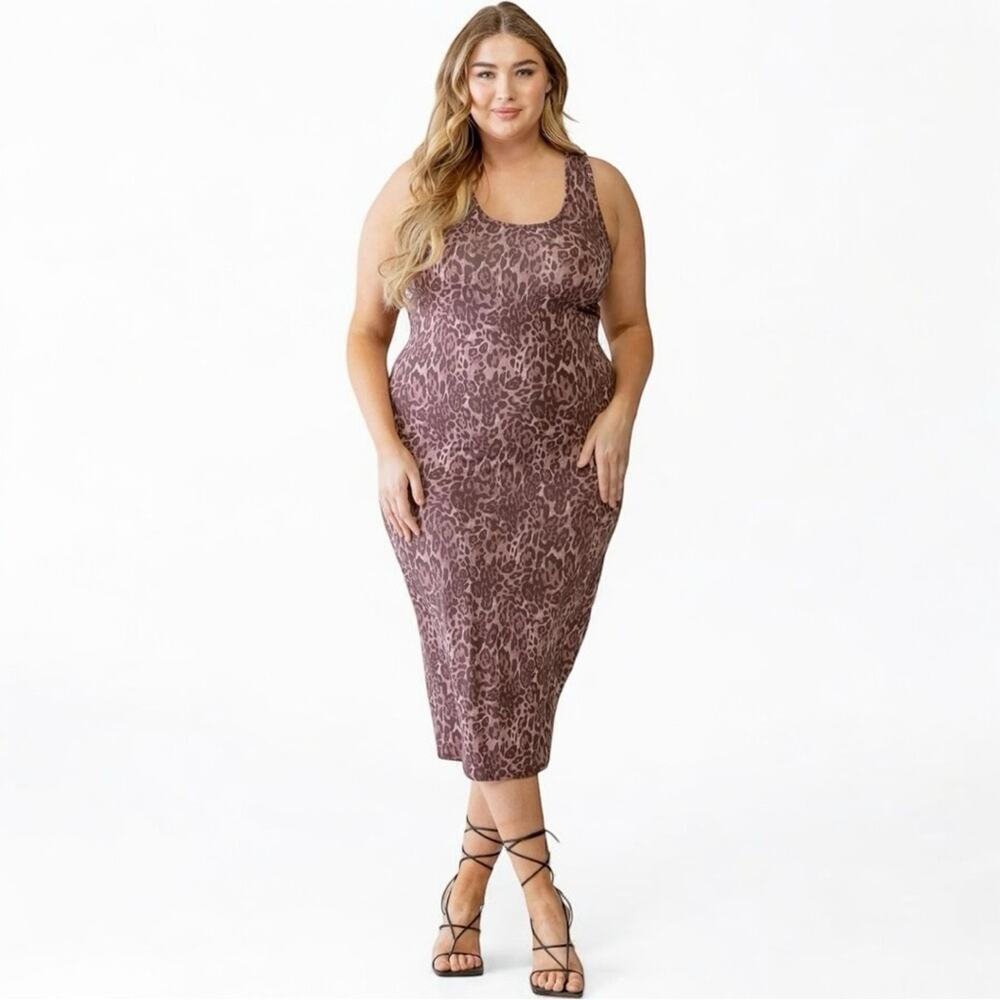 Brown Leopard Print Midi Bodycon Dress Plus Size Stretch Sleeveless